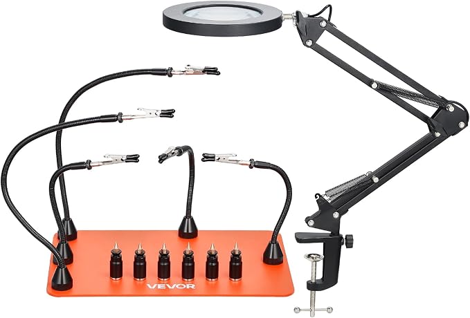 VEVOR Magnetic Helping Hands Soldering Station, 2-In-1 Third Hand Soldering Tool - 3X LED Magnifying Lamp & 5 Flexible Arms, 6 PCB Holders, Heavy-Duty Base Station for Electronic Repair Craft Hobby