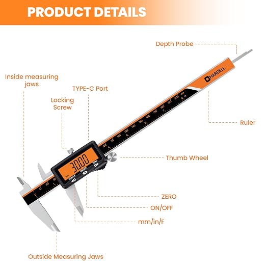 HARDELL Calipers 8", Rechargeable Digital Caliper with Large Orange Screen (Non-Backlit), Stainless Steel Auto-Off Micrometer, Inch/mm/Fraction for DIY/Household/3D Printing