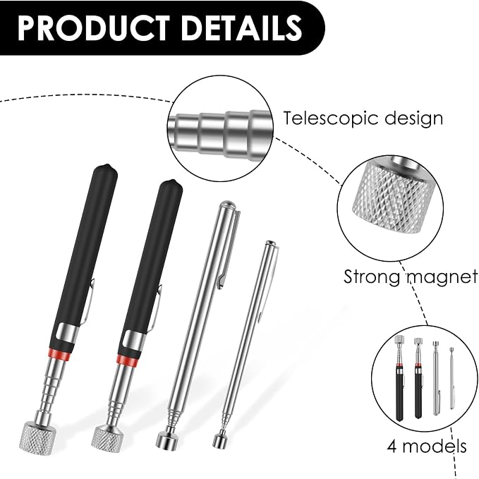 16Pcs Telescoping Magnetic Pickup Tool 15/10/3/1.5LB Extendable Magnet Stick Set Grabber Tools Stainless Steel Portable Bolt Screws Reacher Magnetic Nail Picker for Men Husband Birthday Christmas