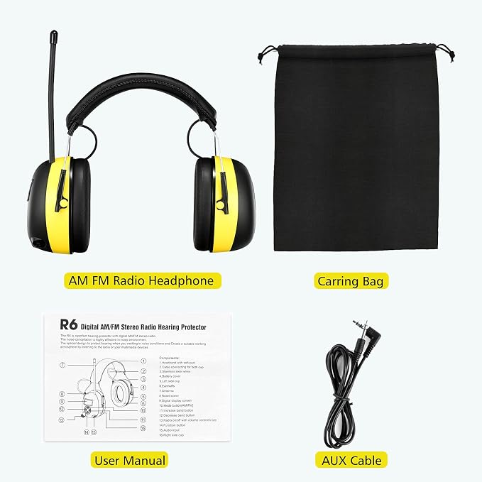 BJKing AM/FM Radio Headphones with Digital Display EP003, 30dB AM FM Hearing Protection Safety Ear Muffs, Ear Protection Headphone for Mowing, Landscaping, Shooting and Construction Black-Orange