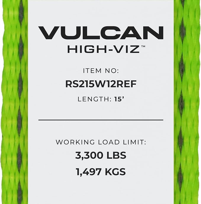 VULCAN Ratchet Strap with Wire Hooks - 2 Inch x 15 Foot - 2 Pack - High-Viz - 3,300 Pound Safe Working Load