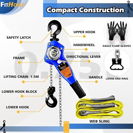 3/4 Ton Lever Chain Hoist w/ 2 Lift Sling Straps and Gloves - 1650LBS Chain Come Along 10Ft Lift, for Garage, Open-Air and Unpowered Operations