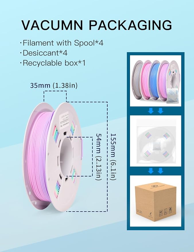 PINBALL Matte Rainbow PLA 3D Printer Filament 1.75mm, Matte Surface Multicolor PLA Filament 1.75mm, 250g Spool, 4 Rolls, Blue-Brown+Blue-White+Red-Purple+Matte Rainbow Color