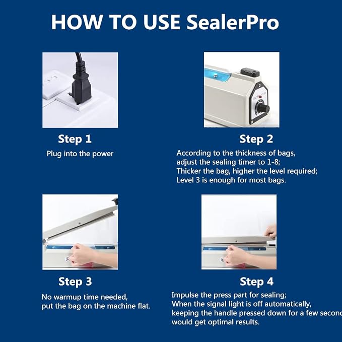 Sealer Pro, Patented 8-inch Impulse Heat Sealer, 2-mm Sealing Width Super Heavy Duty Bag Sealing Machine with Extra 2 Replacements, 1Fuse Included, White