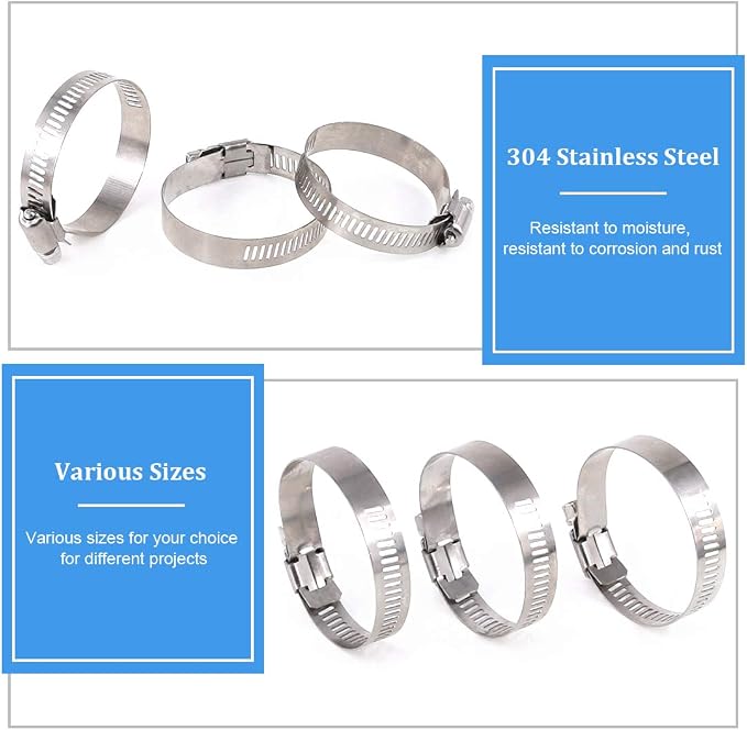 Glarks 100Pcs Adjustable 8-44mm Range 304 Stainless Steel Worm Gear Hose Clamps Assortment Kit+ 20pcs Adjustable 40-63mm Range 304 Stainless Steel Worm Gear Hose Clamps