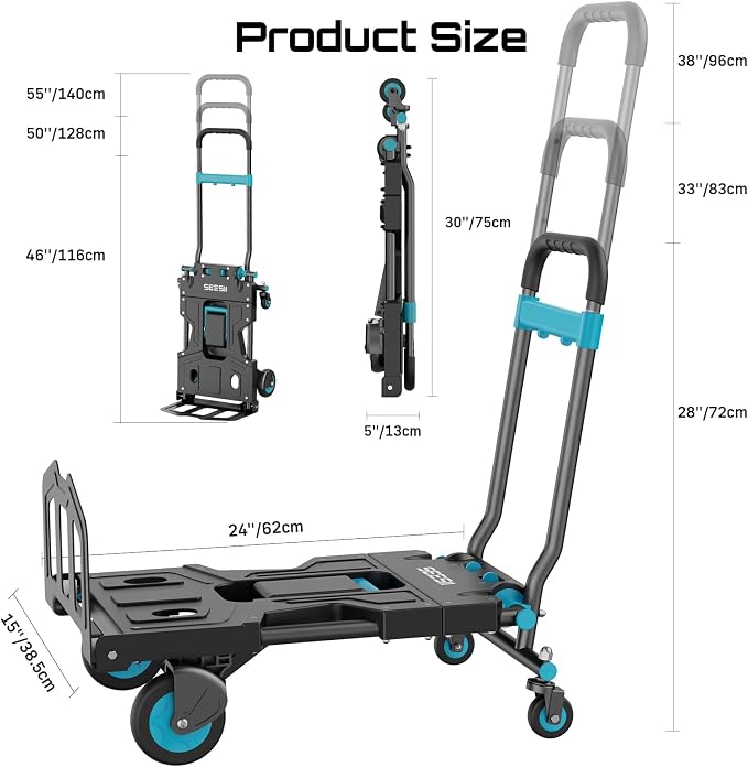 SEESII Foldable Dolly Cart with Wheels, 330 lbs Max Capacity Portable Hand Cart, 2-in-1 Heavy Duty Folding Hand Truck with Adjustable Retractable Handle for Moving, Delivery, Warehouse Use