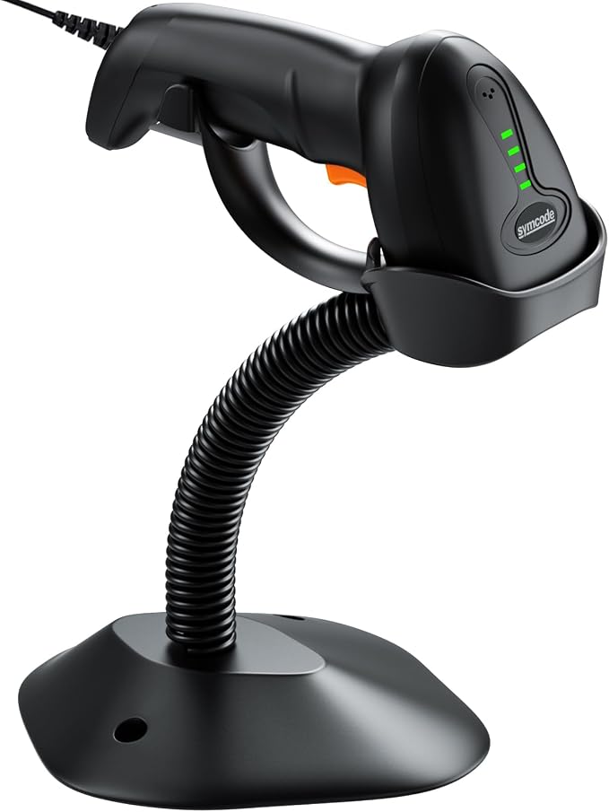 Symcode USB 1D Barcode Scanner with Stand Handheld Wired Laser Barcode Reader Scanner with Gooseneck Stand and Cable Twilight Blac