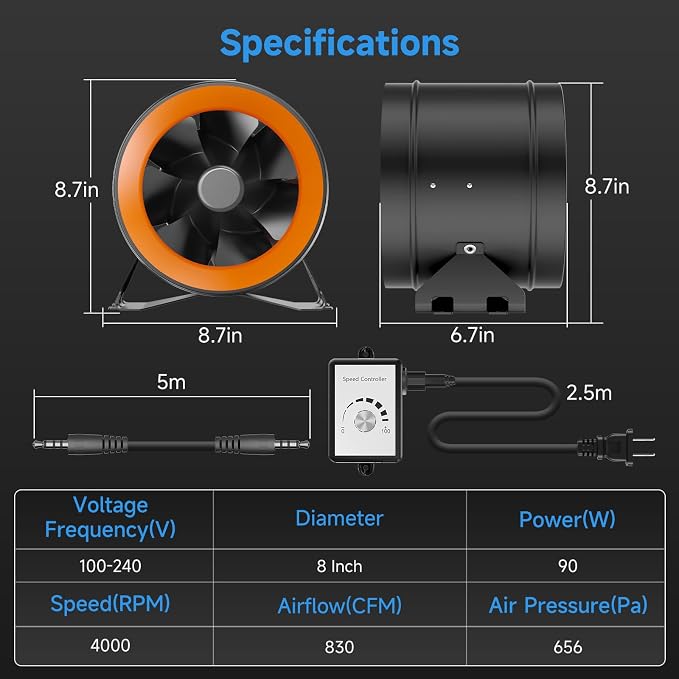 Hon&Guan PRO 8 Inch Inline Duct Fan - 830 CFM with Quiet EC Motor & Speed Controller, Ventilation Exhaust Fan for Heating Cooling, Grow Tents, Hydroponics (Black&Orange)