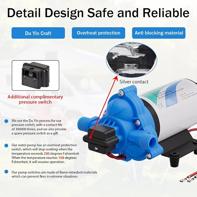 12V DC Electric High Voltage Diaphragm Pump, Equipped with pressure switch,4.0GPM, 45PSI, In line Water Transfer Pump, Camping Water System, Garden Hose and Pump Demand Water Pressure Boosting Pump