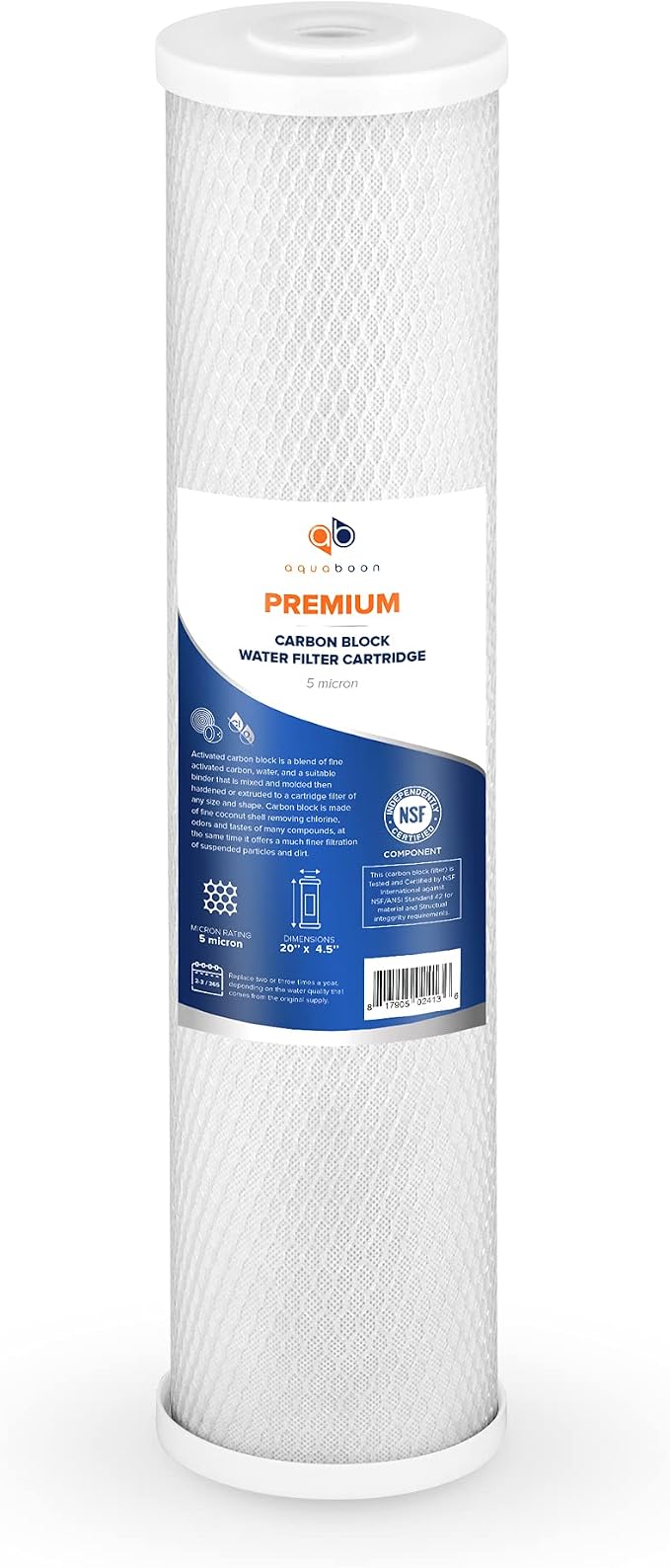 Aquaboon 5 Micron 20 x 4.5 Whole House Water Filter Replacement Cartridge Carbon Block Chlorine Reduction for 1-Stage Water Filtration System 2 Pack