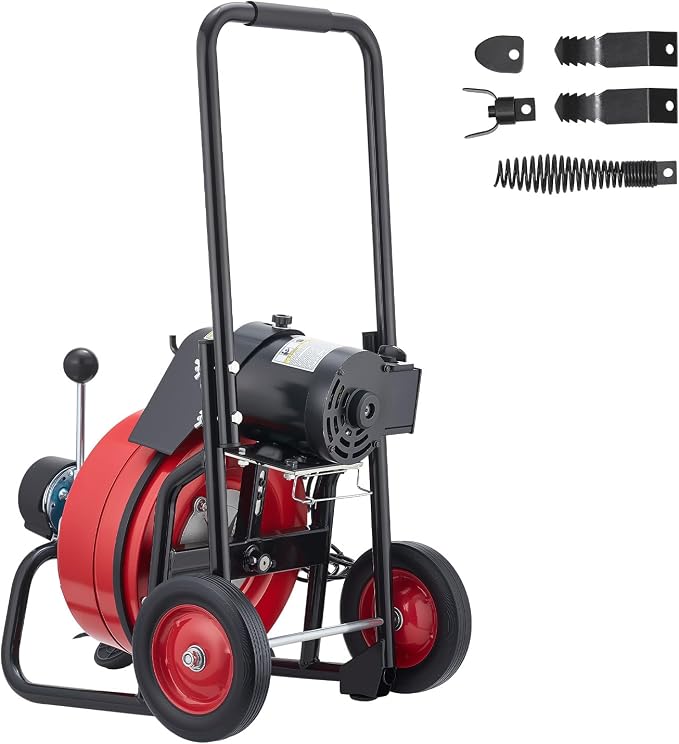 VEVOR Drain Cleaner Machine 50 FT x 1/2 Inch, Auto Feed Sewer Snake Auger on Wheels, Portable Drain Cleaning Machine with 4 Cutters & Air-activated Foot Switch for 2" to 6" Pipes