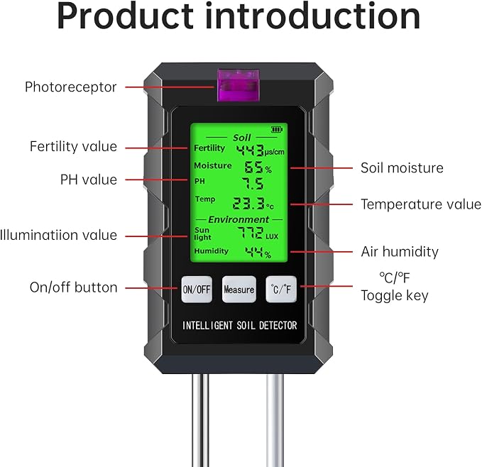 6-in-1 Digital Soil Tester, Soil Moisture Meter and pH Tester for Plants, Tests Moisture, pH, Fertility, Temperature, Sunlight and Air Humidity for Garden and Lawn (2*AAA Batteries Needed)