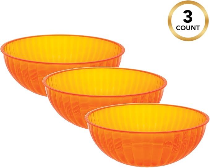 Party Essentials Hard Plastic 192 OZ./6 QT/1.5 Gallon Large Serving Bowls For Punch/Salad/Snack/Treat/Fruit, 3-Count, Neon Orange