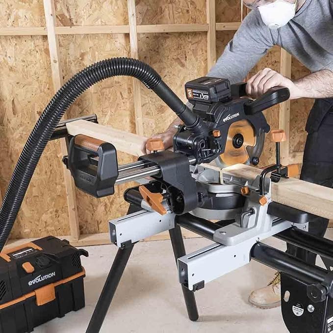 Evolution R185SMS-Li 7-1/4" Cordless Sliding Miter Saw - 20V Li-Ion EXT Battery, 850W Motor, Multi-Material 185MM TCT Blade, 45° Bevel & 50° Miter | Includes Battery & Charger