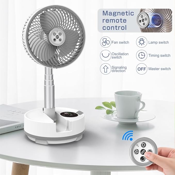 Foldable Oscillating Pedestal Fan with Remote, 8" USB C Rechargeable 20000mah Battery Fan with LED Colorful Lights, Portable Floor Standing Fan Camping Fan for Bedroom Office Travel White