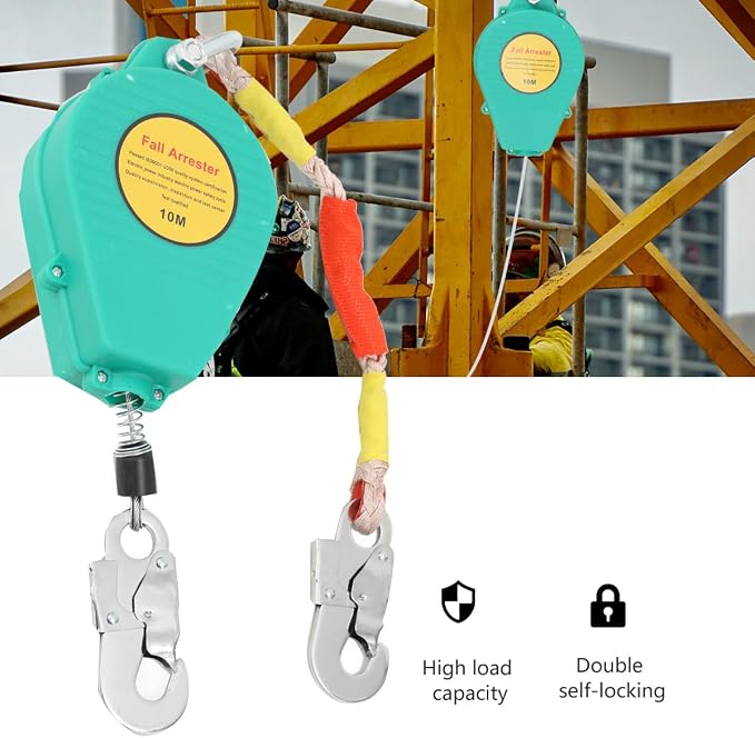 Self Retracting Lifeline 33ft 330lbs Fall Arrester Lanyard Protect Safety Harness Fall Protection with Alloy Steel Hook Steel Wire Rope(10m)