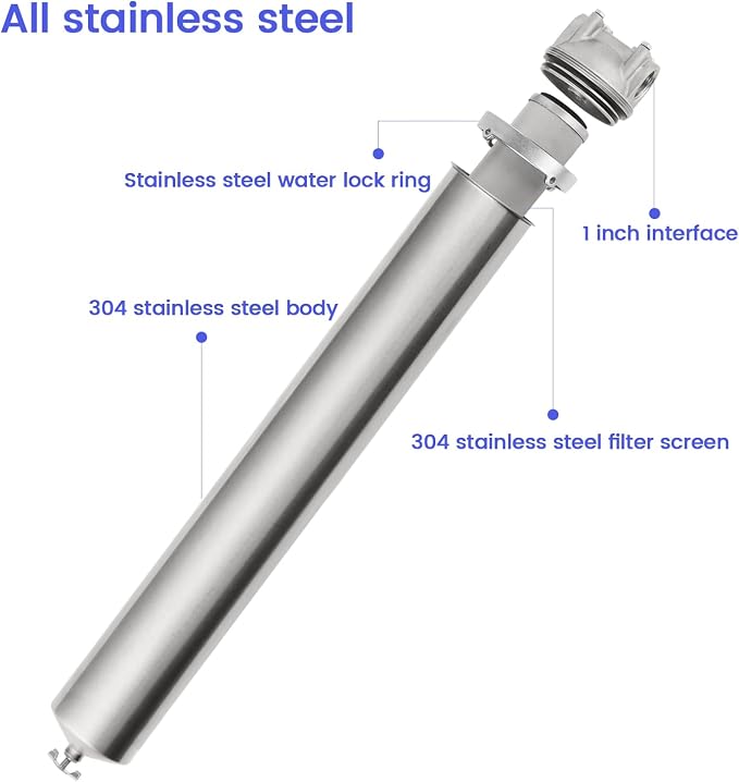 NSF/ANSI 42 Stainless Steel Whole House Water Filter Housing, 20" x 2.5" Sediment Water Filter System for Heavy Duty, Well & City Water, 3/4" NPT Port, Drain Valve Style A(Wing)