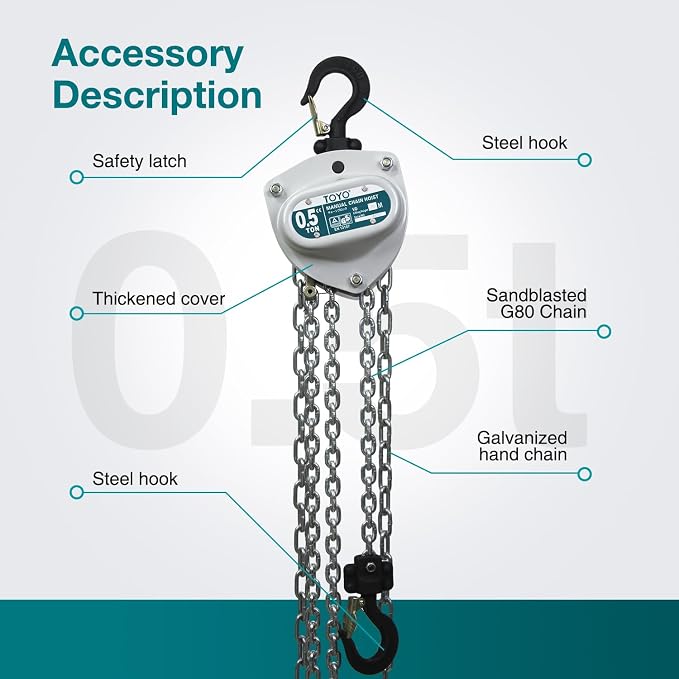 TOYO Chain Hoist 1100Lb,10ft Manual Chain Block Hoist 0.5ton Chain Fall 3M Come Along Hand Chain Hoist 2 Heavy Duty Hooks Industrial Grade Steel for Warehouse Automotive Construction Building