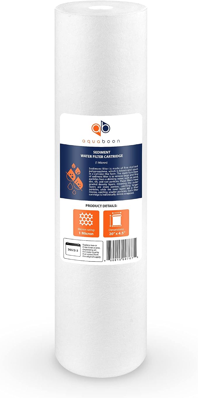 Aquaboon 1 Micron 20 x 4.5 Sediment Water Filter Replacement Cartridge | Whole House Sediment Filtration | Compatible with AP810-2, SDC-45-2005, FPMB5-20, P5-20, FP25B, 155358-43, 2 Pack