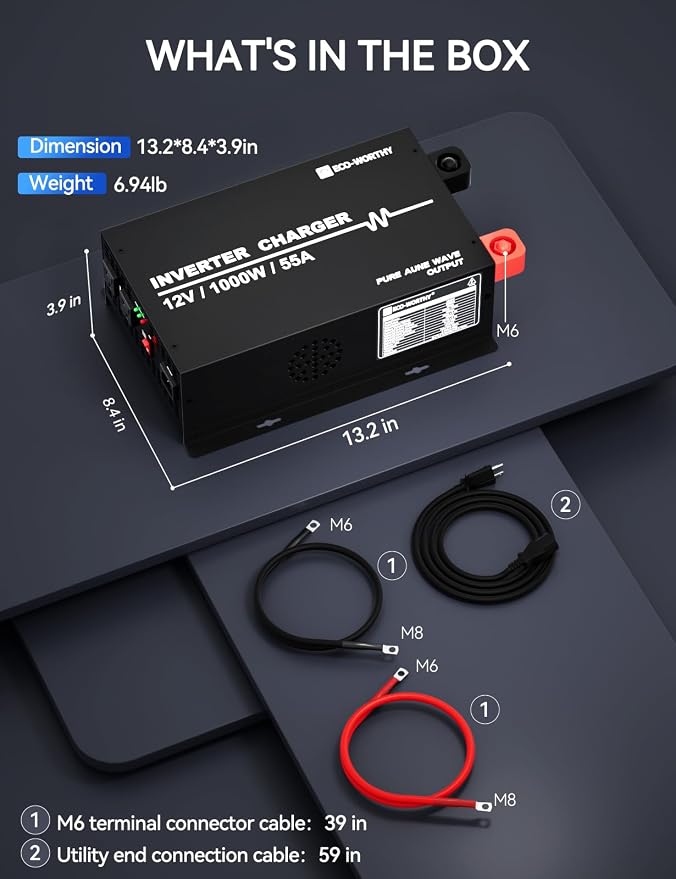 ECO-WORTHY 1000W Pure Sine Wave Inverter Charger, Power Inverter with 55A LiFePO4 Battery Charger with 20ms UPS,12V to 110V for RV Home Roadtrip Essentials Deep Cycle Rechargeable Battery