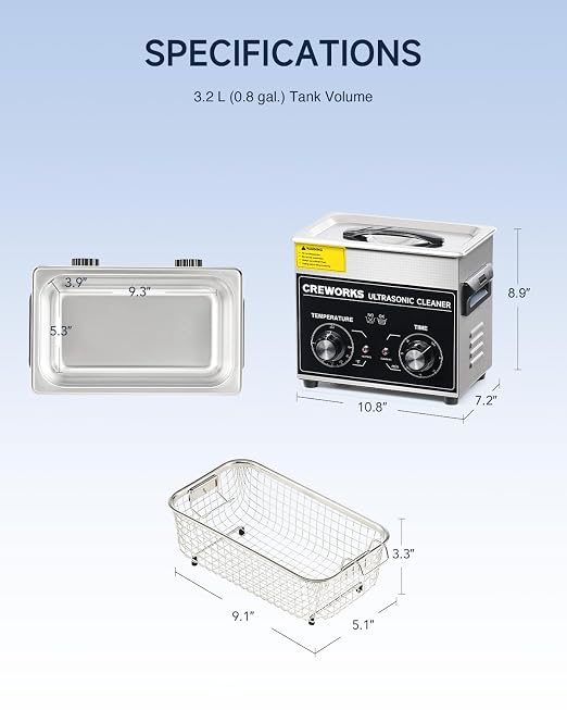 CREWORKS 3.2L Ultrasonic Cleaner with Heater & Timer, 304 Stainless Steel Sonic Cleaner, 0.8gal Ultrasonic Parts Cleaner with Knobs, 120W Professional Lab Ultrasonic Cleaner for Glasses Coin Microchip