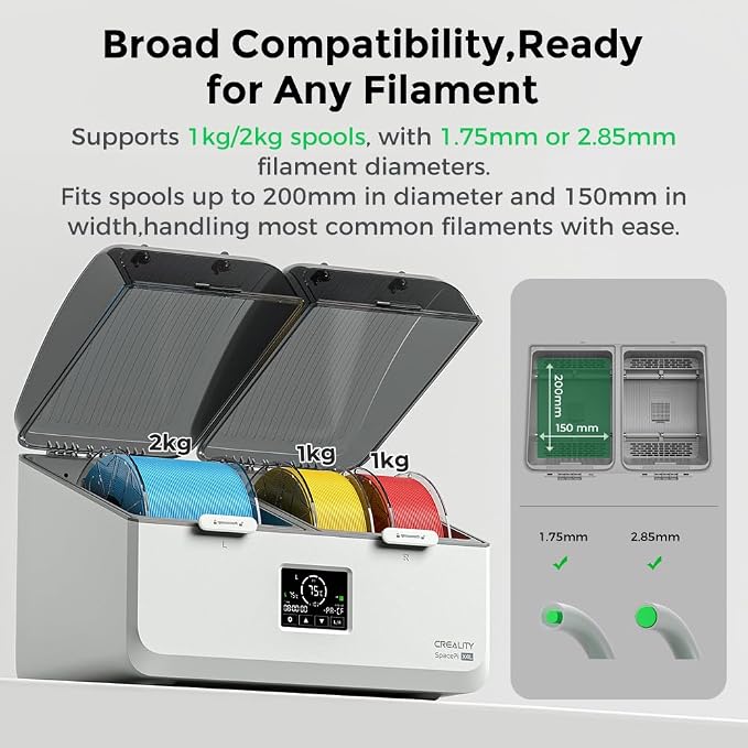 Creality Filament Dryer, Space Pi X4L Filament Storage Box for 4 Spools, Dual Independent Heating Chambers, 75℃ Max Temperature, Compatible with 1.75mm 2.85mm PLA PETG ABS TPU PC PA PAHT