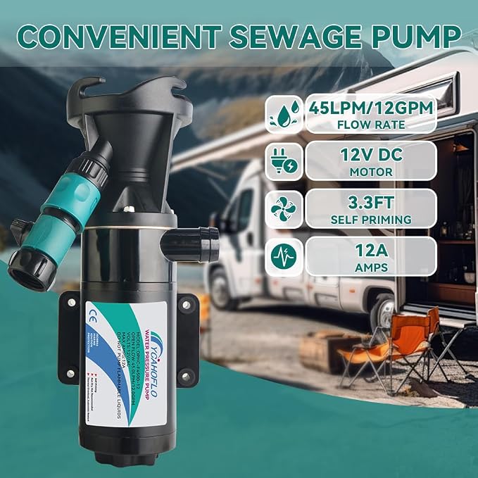 RV sewage pump,Portable Smash Waste Pump, 12V, 12GPM, low noise, suitable for RVs, yachts, kitchens, bathrooms, with quick release capability