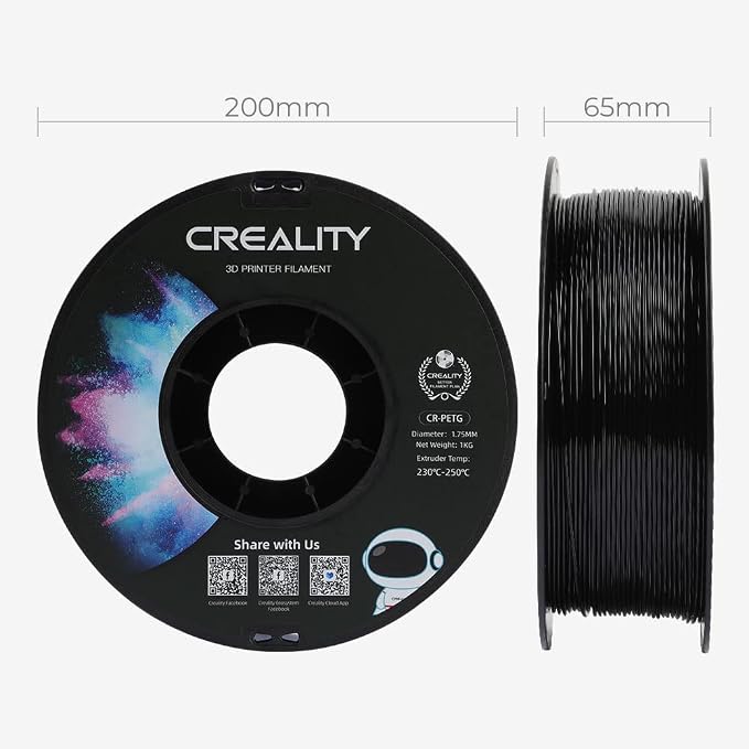 Creality PETG Filament 1.75, 3D Printer Filament, Excellent Toughness High Precision, Odorless Non-Toxic Moistureproof, 1kg(2.2lbs) Glossy 3D Printing Filament for 3D Printer (Black)