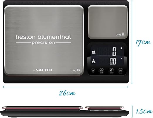 Heston Blumenthal Dual Platform Precision Scale by Salter, 10kg Capacity, Ultimate Accuracy Platforms, Easy-to-Read Digital Display, Measures Metric and Imperial Weight, Aquatronic Feature - Black