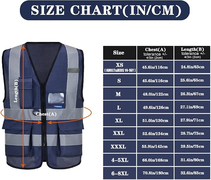 navy blue safety vest with zipper pockets | Navy M work vest with clear ID pocket, radio mic loop and reflective strips for warehouse logistics; for men and women.