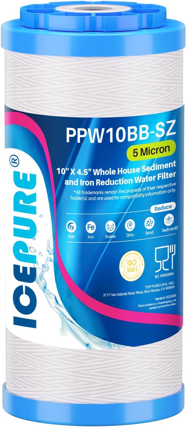 ICEPURE 5 Micron 10”*4.5'' PPW10BB-SZ Whole House Sediment String Wound Water Filter, Compound With Iron Reducing Filter, 1Pack