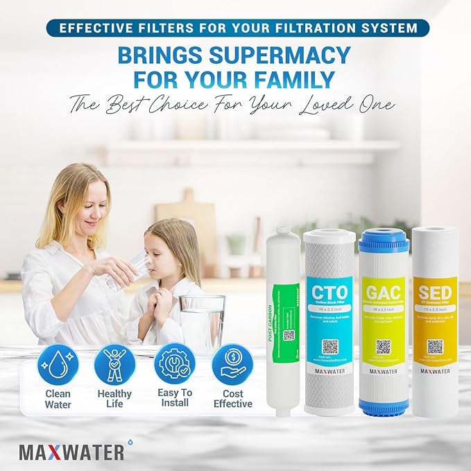 Max Water 5 Micron Replacement Filter Set (10 inch x 2.5 inch) for Standard 5 Stage RO (Reverse Osmosis) Water Filter System - PP Sediment, GAC, CTO & Post Carbon
