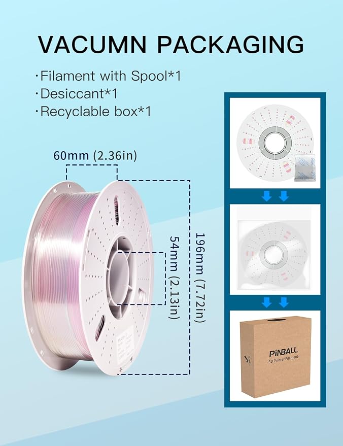 PINBALL Clear PETG 3D Printer Filament 1.75mm ±0.02mm, Multicolor Transparent Rainbow Filament, Translucent PETG Filament, 1KG/2.2lbs