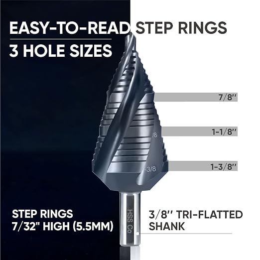 toolant Four Spiral Flute Cobalt Step Drill Bit(Pro), 3/16" - 1-3/8"(19 Step Size) Unibit Step Drill Bit, 3/8" Tri-Falt Shank Step Bit for Metal, Stainless Steel, Aluminum, Plastic