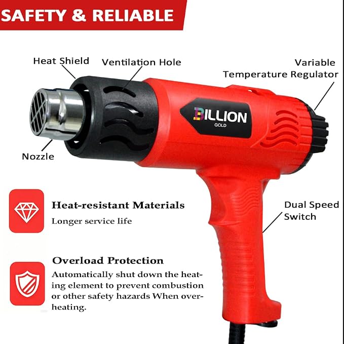 3D Grip Heat Gun 1800W - 120℉ to 1200℉ Dual Temperature Hot Air Gun Kit with 4 Nozzles - Black Red Professional Heat Shrink Gun for Crafts, Shrink Wrap, Electronics Repair