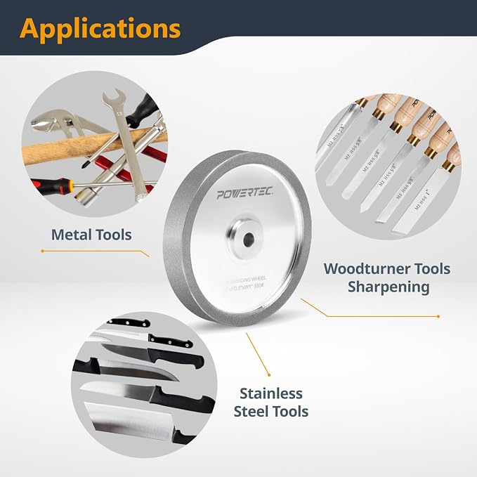 POWERTEC CBN Grinding Wheel 6 Inch 180 Grit, 1" Wide, 1/2" Arbor – Bench Grinder Sharpening Wheel for HSS Tools, Lathe Chisels, and Woodturning Tools (15704)