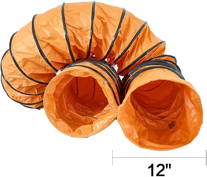 16FT Flexible Duct Hose PVC Flame Retardant Duct Hosing with S Hook & Steel Support for 12IN Utility Blower Exhaust Fan