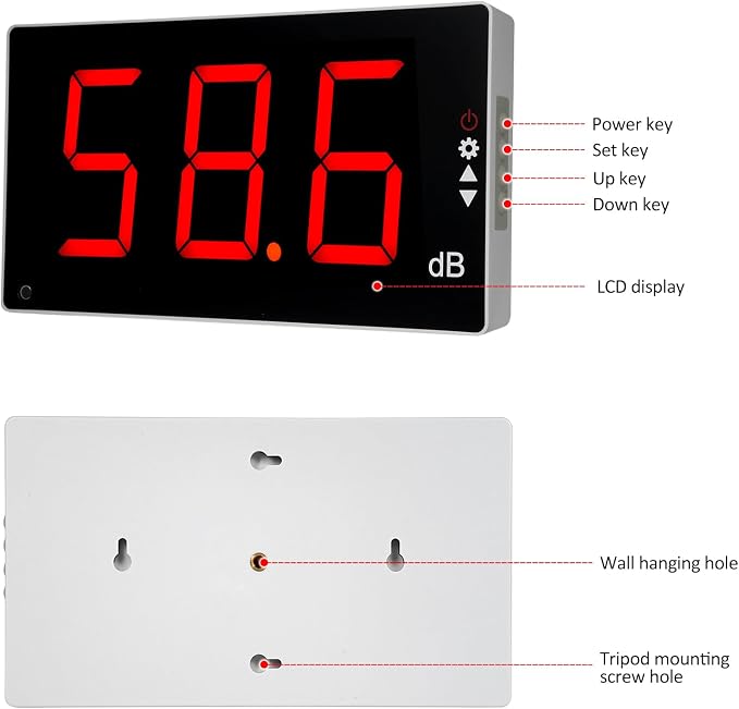 Sound Level Meter with Large LCD Screen Wall Mounted Digital Noise Meter Decibel Monitoring Tester Noise Volume Measuring Instrument 30-130dB Measuring Range with Sound Alarm