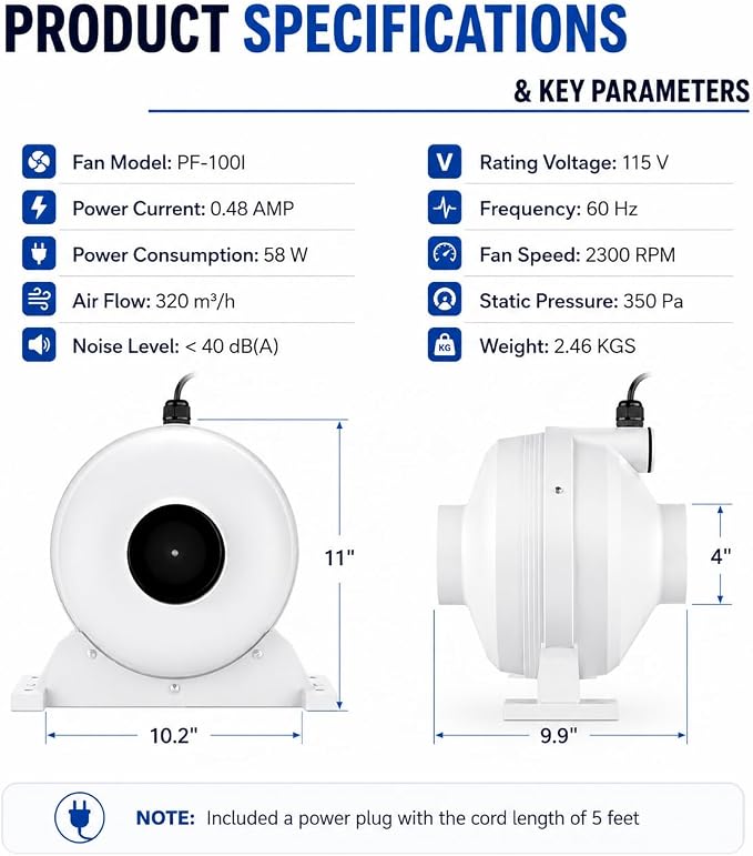 4 inch Radon Mitigation Fan 4" – 190 CFM Quiet Inline Duct Fan | IP67 Waterproof, 58 W Energy‑Saving Motor – Easy Install Indoor/Outdoor Radon Exhaust System