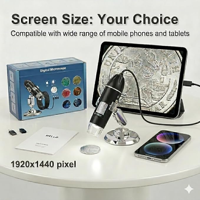 USB Digital Microscope, 50x-1600x Magnification Handheld, 1920P HD 8 LED Lights, Portable Pocket Microscope, Compatible with iOS and Android Devices, +2MP Magnifier Camera, No PC Support (with Stand)