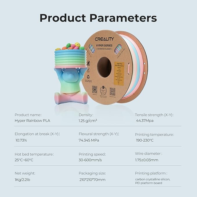 Creality Hyper Rainbow PLA Filament 1.75mm, Multicolor Gradient PLA for High-Speed Printing 30–600mm/s, Smooth Extrusion, Dimensional Accuracy +/- 0.03mm Accuracy (Spring Lake)