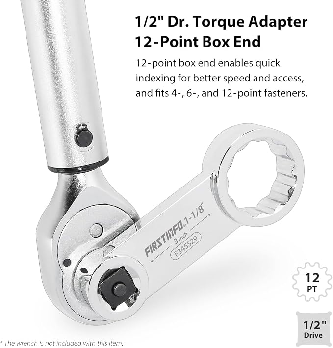 FIRSTINFO 1/2-inch Drive 1-1/8" 12-Point Box End Torque Adapter | 3 in center-to-center length • Fits 4, 6 & 12-point fasteners • CR-V steel • Thin-wall access • Made in Taiwan