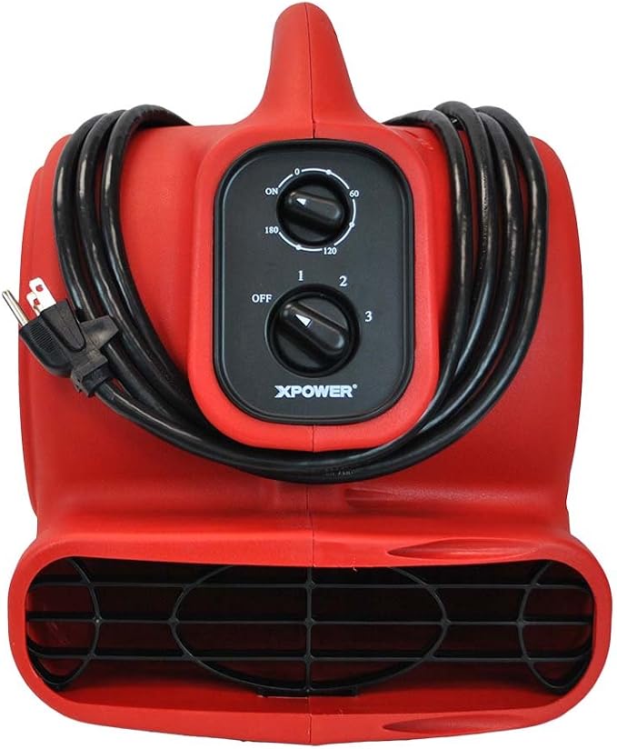 XPOWER P-230AT Mini Mighty 1/4 HP 925 CFM Centrifugal Air Mover, Carpet Dryer, Floor Fan, Blower, Stackable, Daisy Chain, for Water Damage Restoration, Janitorial, Plumbing, Home Use, Red