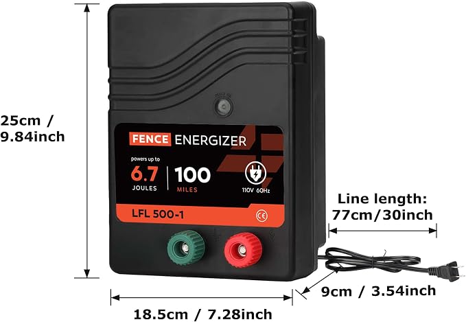 Electric Fence Charger AC Powered 100 Miles 300 Acres, 110 Volt 6.7 Joule Plug-in Electric Fence Energizer, Output Voltage Max 10.2 kV for Livestock, Preventing Predators from Intruding