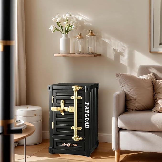 Industrial Shipping Container Nightstand - 20 Inch 3-Tier Iron Bedside Table with Drawer, Handcrafted Rustic Distressed Metal End Table for Bedroom, Bar, Garage (Black)