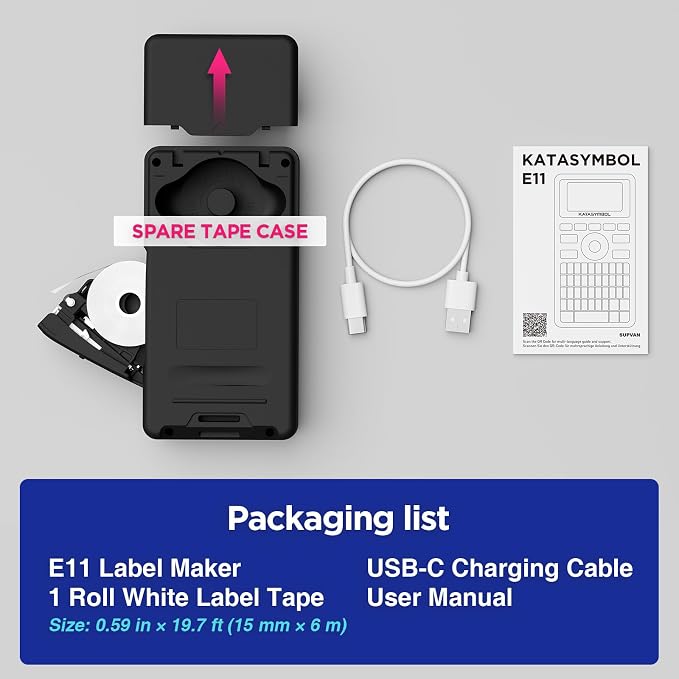 SUPVAN E11 Bluetooth Label Maker Machine, Support Keyboard & App with 30+ Fonts and 660+ Icons, Rechargeable Inkless Labeler for Home, Kitchen, Office, School, Organization, Black