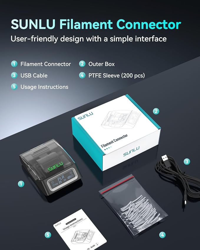 SUNLU Official Filament Connector, Fast Heating Filament Splicer for 3D Printer Filament 1.75mm, Up to 240°C, Compatible with PLA PETG TPU ABS PA Nylon, Easy to Use, Pack with 200PCS PTFE Sleeve