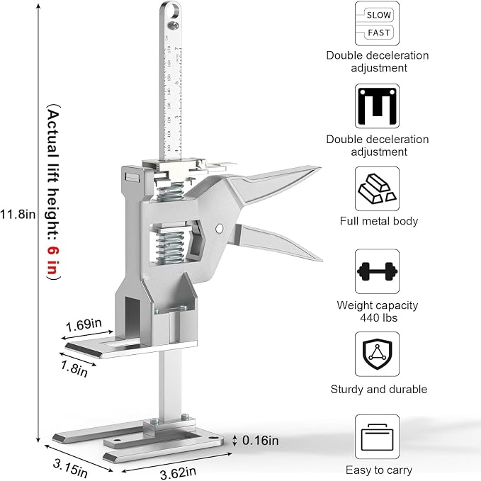 Labor Saving Arm Jack 2 Pack, 12 Inch All-Metal Hand Lifting Jack Tool, 440LBS Capacity Precise Control Slow/Fast Descent Furniture Jacks Lifter for Lifting Door Furniture, Wall Tile Positioning