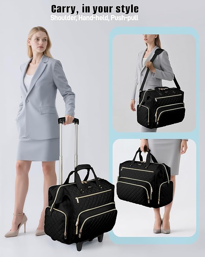 Rolling Teacher Bag, 16 Inch Rolling Laptop Bag with Detachable Dolly & Teacher File Tote, Large Roller Briefcase for Teaching Office Work, Women, Craft Nurse, Black