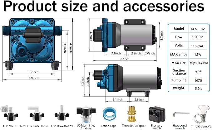 110V AC electric high-pressure self-priming diaphragm pump, Equipped with pressure switch,5.5GPM, 70Psi, for RV Marine Yacht Lawn Garden